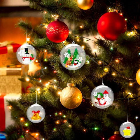 25 Set 50PCS Clear Plastic Fillable Ornaments hanging on Christmas tree, transparent DIY craft balls with figurines inside, festive decor