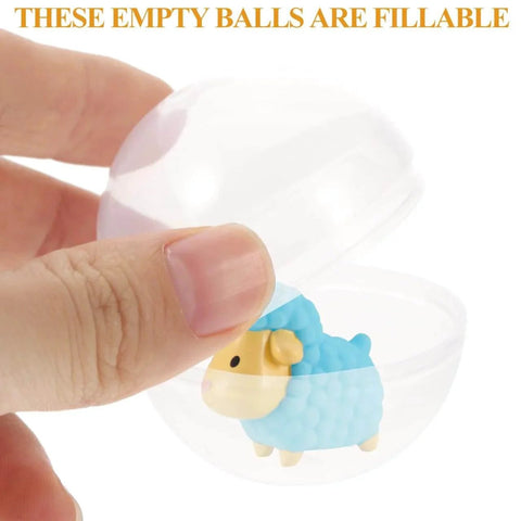 Hand holding 50Pcs Transparent Round Balls for Vending Machine Toys, showing clear ball opening with small toy inside, for DIY crafts.