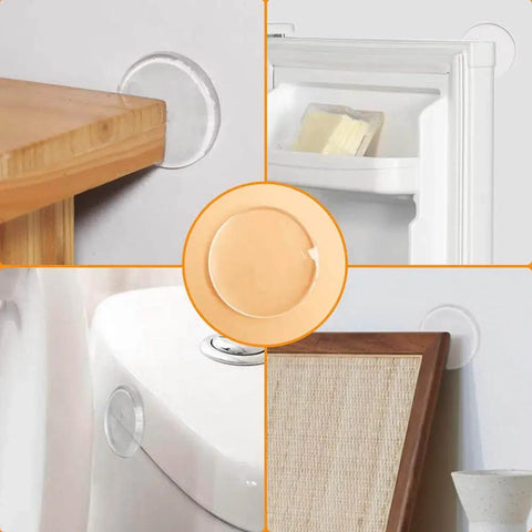 Six Pack Adhesive Door Stopper Wall Protectors Clear Gel Bumpers installed on furniture and appliances, close-up view