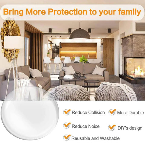 Six Pack Adhesive Door Stopper Wall Protectors Clear Gel Bumpers with living room scene showing use and benefits