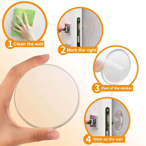 Six Pack Adhesive Door Stopper Wall Protectors Clear Gel Bumpers installation steps shown in four stages