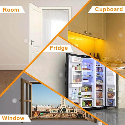 Four scenes showing Six Pack Adhesive Door Stopper Wall Protectors Clear Gel Bumpers installed on walls by doors, windows, cupboards, fridge.