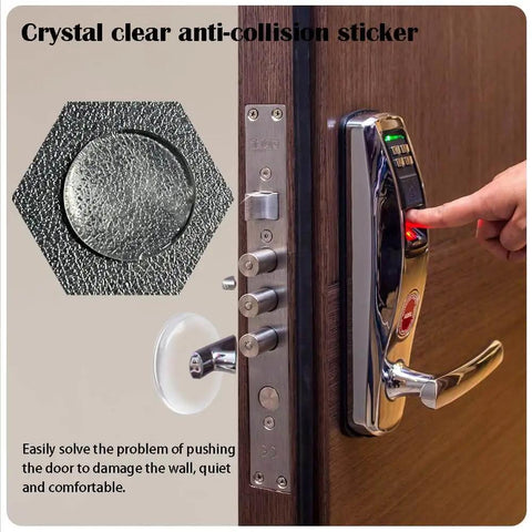 9 Pack Clear Gel Door Stop Wall Protectors Round 1.57 Inch Self Adhesive Cushions installed on wooden door with handle