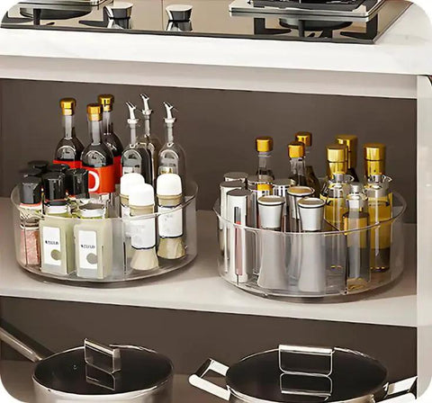 Rotating Makeup Organizer Turntable 11.5 Inch Large Cosmetic Storage With Five Dividers in pantry holding bottles and storage items.