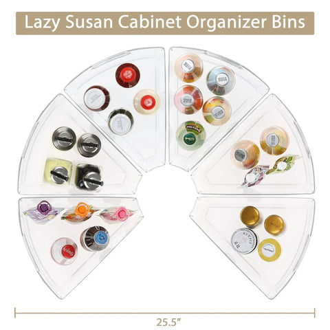 Lazy Susan Corner Cabinet Organizer Bins Set For 26 To 28 Inch Diameter Turntable Clear Plastic Storage Bins filled with jars