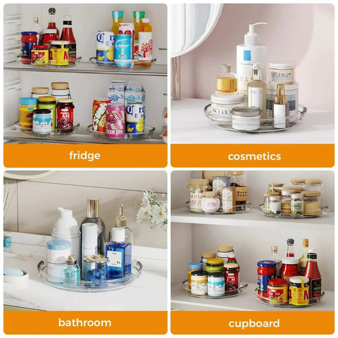 Two Pack 9.25 Inch Lazy Susan Organizer displaying canned goods, skincare, and spices in fridge, bathroom, and cupboard settings