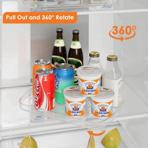 Image of Clear Rectangular Refrigerator Lazy Susan Organizer With 360 Degree Rotation And Pullout Design holding cans and bottles