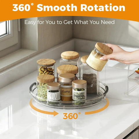 Two Pack 9.25 Inch Lazy Susan Organizer Turntable with spices and canned goods on counter showcasing 360 degree rotation
