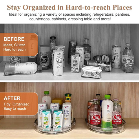 Before and after of kitchen cabinet using Clear Lazy Susan Turntable Set 9.25 Inch Rotating Organizer Two Pack for organized condiments.