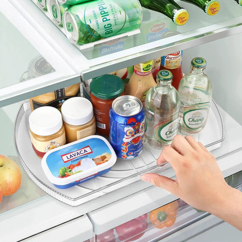 Square Lazy Susan Turntable Organizer For Refrigerator And Pantry Cabinets 15.3 X 11.1 Inches Clear 2 Pack With Detachable Dividers in fridge.