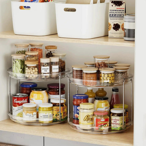Two Tier Lazy Susan Organizer for narrow cabinets storing spices and condiments, clear plastic, 9.25-inch rotating turntable.