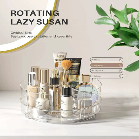 2 Pack 9 Inch Lazy Susan Organizer With 4 Removable Bins holding skincare and brushes on a countertop, clear spinning tray.