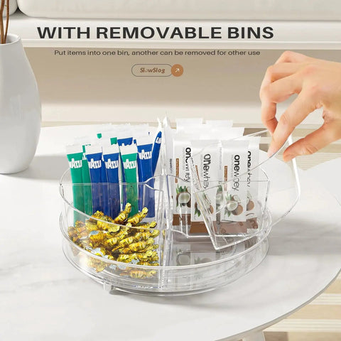 2 Pack 9 Inch Lazy Susan Organizer With 4 Removable Bins, Rotating Turntable Storage, clear PET construction, containing packets.
