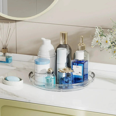 Two Pack 9.25 Inch Lazy Susan Organizer Turntable displaying skincare bottles and toiletries on a bathroom countertop