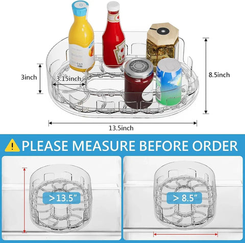360 Degree Rotating Refrigerator Lazy Susan Turntable 13.5 Inch By 8.5 Inch Clear Plastic Organizer with bottles and jars.