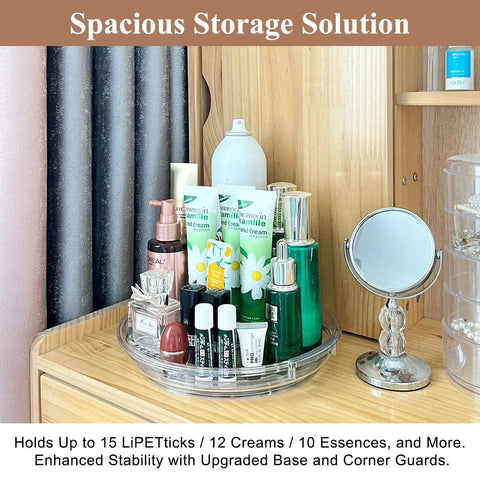 Clear Lazy Susan Turntable Set 9.25 Inch Rotating Organizer Two Pack in use on vanity, holding cosmetics and creams, showcasing storage capacity.