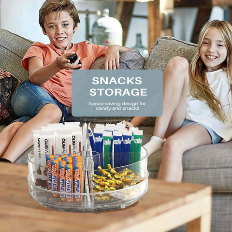 Snacks arranged in a 2 Pack 9 Inch Lazy Susan Organizer With 4 Removable Bins, Rotating Turntable Storage for convenient access.