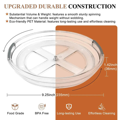 Clear Lazy Susan Turntable Set 9.25 Inch Rotating Organizer Two Pack For Vanity Kitchen Cabinet Pantry Spices Condiments Heavy Duty