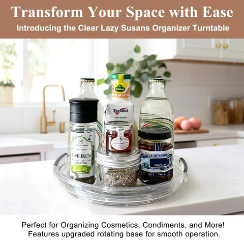 Clear Lazy Susan Turntable Set 9.25 Inch Rotating Organizer Two Pack with spices and condiments on kitchen counter