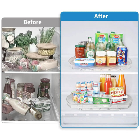 Before and after using Square Lazy Susan Turntable Organizer For Refrigerator And Pantry Cabinets 15.3 X 11.1 Inches Clear 2 Pack