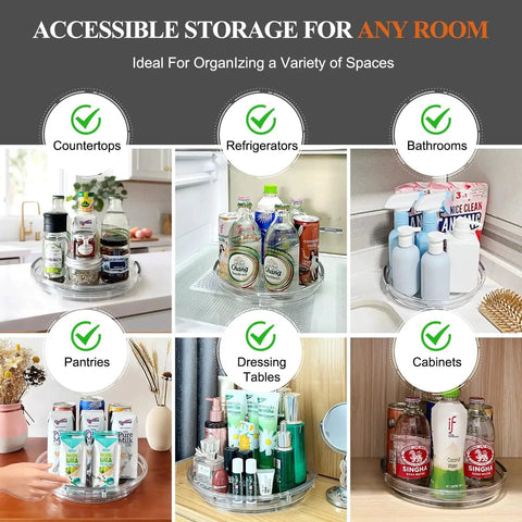 Clear Lazy Susan Turntable Set 9.25 Inch Rotating Organizer Two Pack for various storage spaces like countertops and pantries