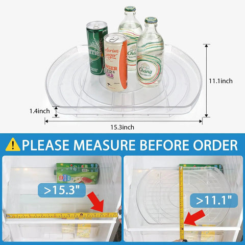 Square Lazy Susan Turntable Organizer For Refrigerator And Pantry Cabinets 15.3 X 11.1 Inches clear with measurement details