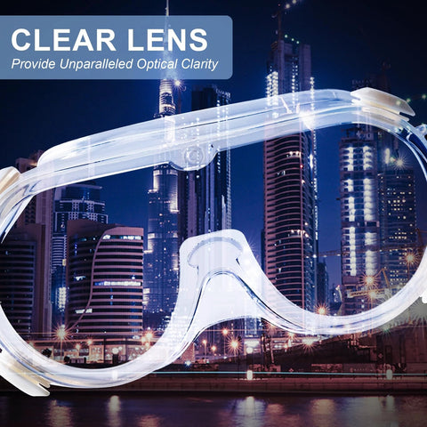 Anti Fog Safety Goggles Over Glasses with clear lens and cityscape background