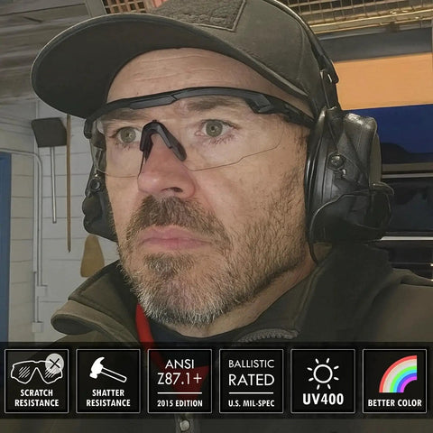 Man wearing Clear Lens Ballistic Tactical Glasses ANSI Z87 Plus UV400 Anti Fog For Airsoft with ear protection indoors.