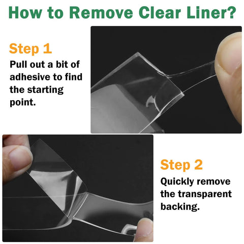 Guide on removing clear liner from Three Rolls Heavy Duty Double Sided Tape Set With Nano Adhesive, 360 Inches Total Length