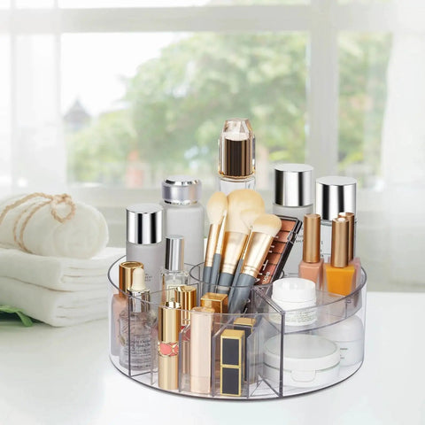 360 Degree Rotating Makeup Organizer Turntable for Vanity and Bathroom Counter, clear Lazy Susan with 6 dividers holding cosmetics