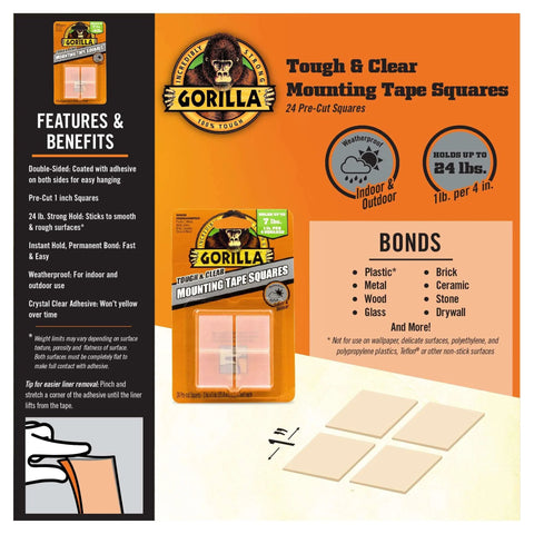 Tough And Clear Double Sided Tape Squares For Mounting, 24 Pre-Cut 1-Inch Squares, Heavy Duty Weatherproof Adhesive package
