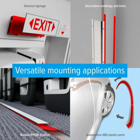 Sticks Like A Champ Transparent Double Sided PET Film Tape For Clean Mounting 0.5 Inch Wide By 108 Foot Roll With Tackified Acrylic Adhesive High Temperature Resistance Industrial Grade shown used on signage, moldings, rubber profiles, and automotive parts.