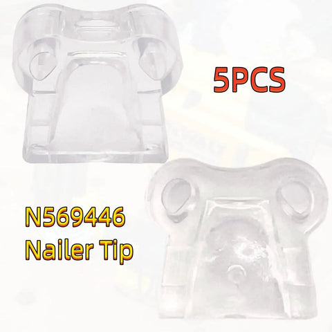No-Mar Tip Replacement Set for DCN Series showing clear nailer tip in 5-piece pack, prevents marks on wood surfaces.