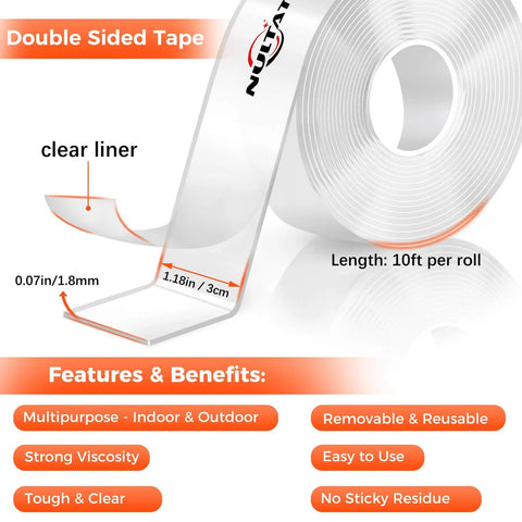 Double Sided Tape Heavy Duty Mounting Tape 1.18 Inch By 10 Feet Nano Adhesive For Wall Decor with clear liner and features list