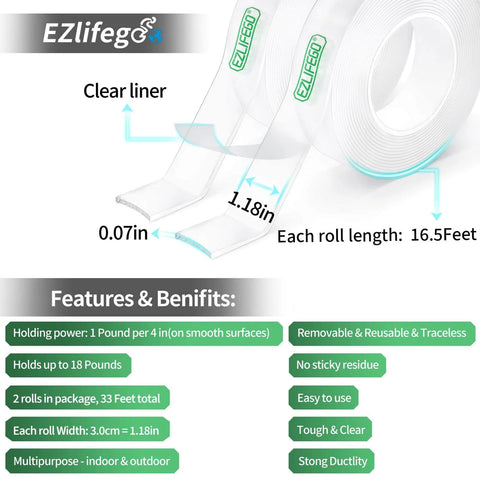 Heavy Duty Double Sided Tape Set Ultra Large 396 Inches Total Pack Of 2 Nano Tech Acrylic Gel Adhesive with clear liner and features