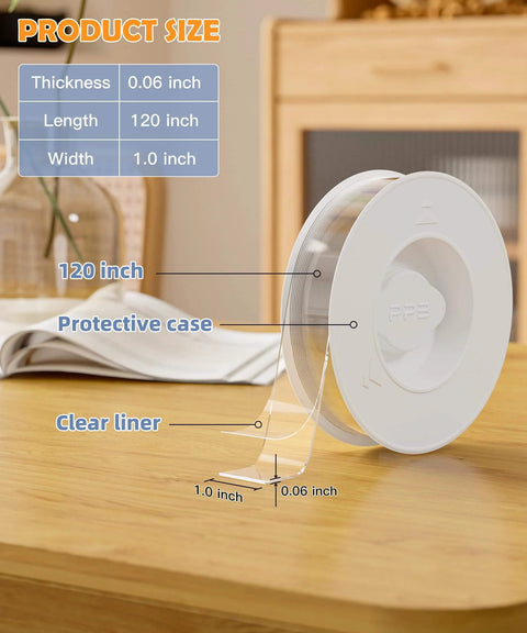 Heavy Duty Double Sided Nano Tape Removable Mounting Tape 1 Inch Wide Clear Adhesive Strips For Home Office Car Outdoor Use 10 Feet Long Stick Anywhere Ultra Strong No Residue Reusable Holds Light To Moderate Items, shown in protective case with measurements.