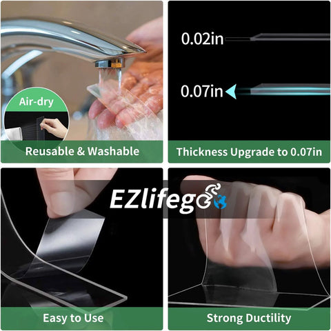 Clear nano-tech heavy duty double sided tape for mounting, 9.85 feet, showcasing thickness, reusable, washable, strong grip features.