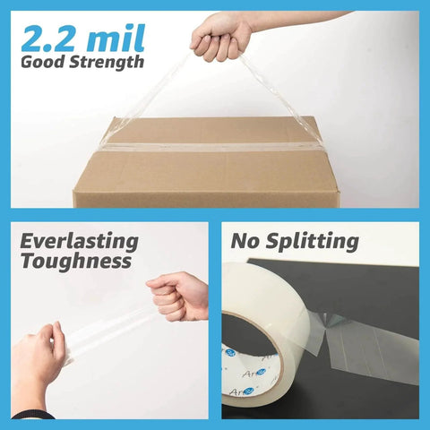 6 Rolls Clear Packing Tape Heavy Duty 1.88in x 55yds 2 Mil Thick For Carton Sealing displayed with box and tape roll.