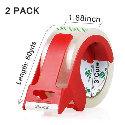 Heavy Duty Clear Packing Tape 2 Rolls With Refillable Dispenser Noiseless 1.88 In X 55 Yards Shipping Tape, red dispenser in focus