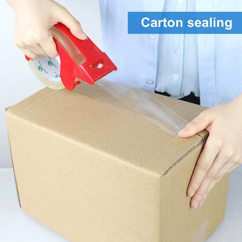 Person using Heavy Duty Clear Packing Tape 2 Rolls With Refillable Dispenser Noiseless 1.88 In X 55 Yards Shipping Tape on box