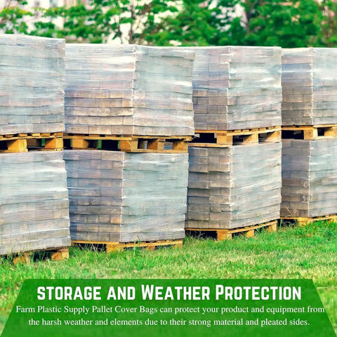 Pallet Cover Bags 50 Pack Heavy Duty Clear 3 Mil Polyethylene For Outdoor Storage And Weather Protection covering stacked pallets outdoors
