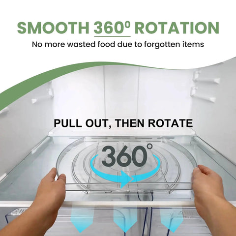 Hands using Rotating Refrigerator Lazy Susan Organizer Square For Large 16 Point 5 By 11 Inches Clear PET Turntable in fridge
