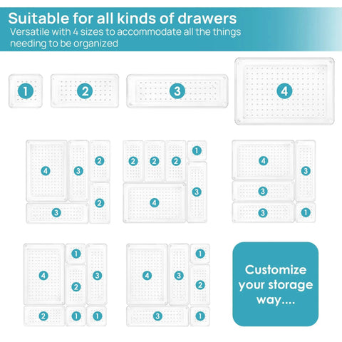 Clear Plastic Drawer Organizer Set 25 Pieces in Four Sizes for Makeup Vanity Bathroom Kitchen and Office Declutter Drawer Space with Non Slip Pads Stackable Bins for Easy Visibility and Access in Every Drawer layout overview