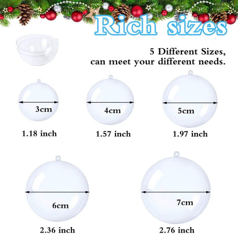 Diagram showing 50 Set 100PCS Clear Plastic Fillable Ornaments in 5 sizes from 3cm to 7cm for Christmas Tree, Wedding, Party, Home Decor.