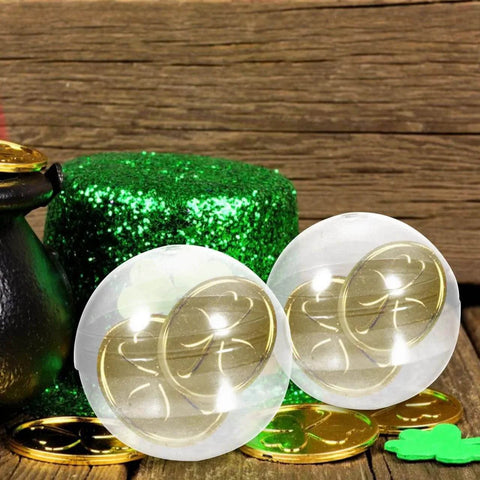 50Pcs Transparent Round Balls for Vending Machine Toys filled with gold coins, displayed amid festive decor
