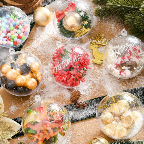 20 PCS Clear Plastic Fillable Balls Ornaments, 3.15 Inch Christmas ornament balls filled with festive decorations on snowy background