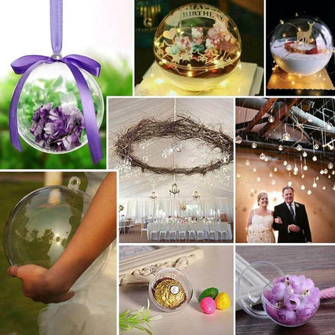 Collage showing uses of 20 Pack Clear Plastic Fillable Ornament Ball 3.15''/80mm for Christmas,Holiday,Weddings,Party,Home Decor