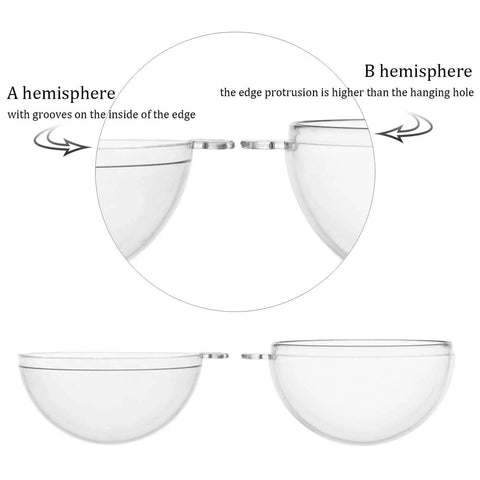 Close-up of 20 Pack 4-Inch Clear Plastic Fillable Ornaments Ball halves with snap-open design for Christmas, Wedding, Party, Home Decor.