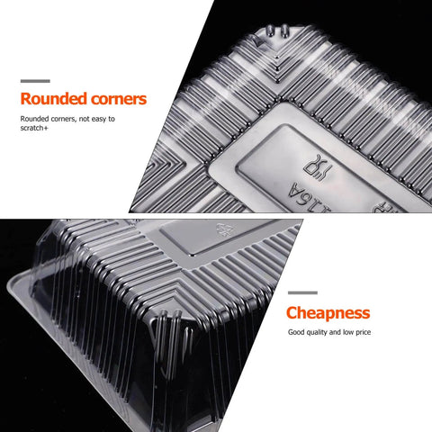 Close-up of a clear plastic container with rounded corners showcasing durability and affordability features.