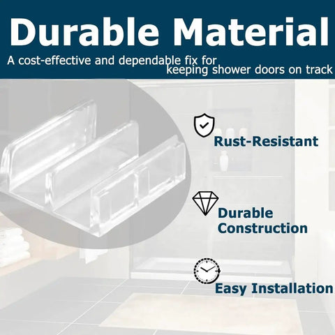 Clear Plastic Sliding Shower Door Bottom Guides Set Five Pieces With Snap In Design For Tub Enclosures One Sided Adhesive Mount Fits One Half Inch Channels Helps Keep Glass Panels Aligned In Tracks Includes Exact Dimension Reference, shown with highlighted features like durability and rust-resistance.